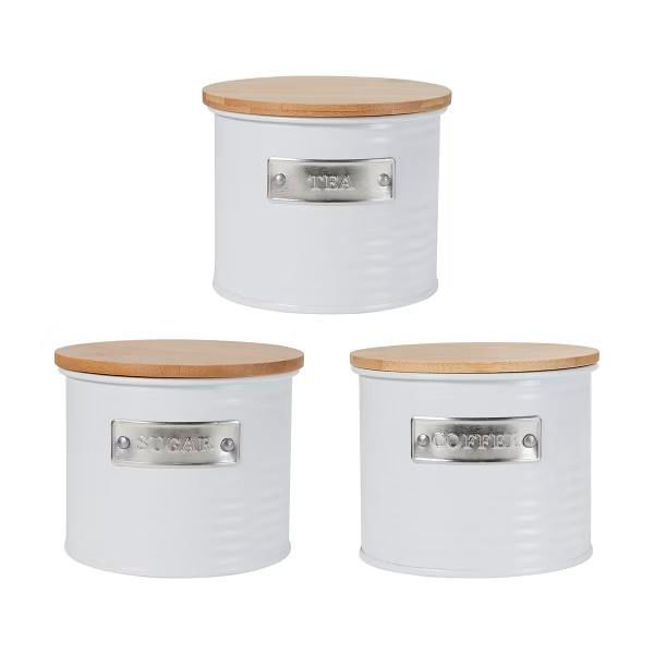 The Beautiful. White Tin Canisters with Bamboo Lids