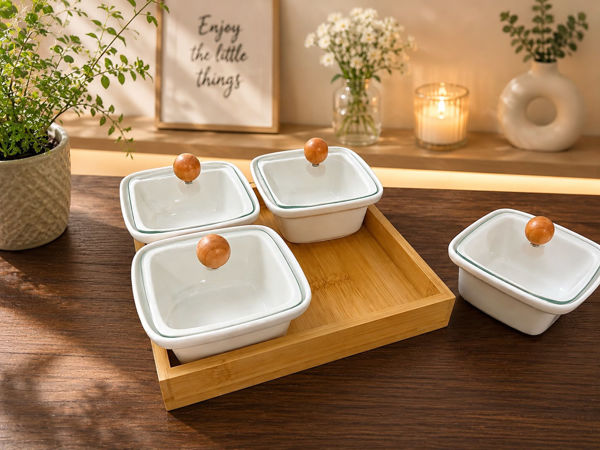 Picture of Ceramic Condiment Pot and Serving Tray Set.