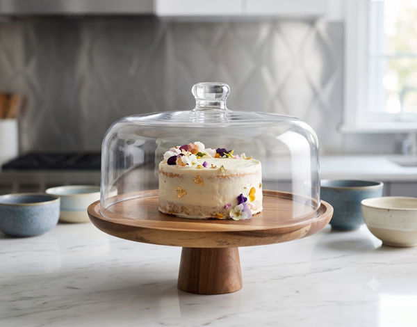 Picture of Wooden Cake Stand with Clear Acrylic Dom